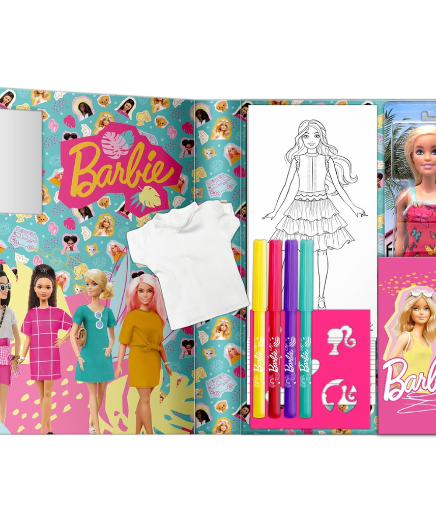 Barbie Stencil and Style With Doll, Creative Drawing and Dress Designing Set, Includes Felt Tips Stencil and 28 Design Pages, Portable Craft Activity for Kids, No Batteries Required, Model BRB-5688-SI-FO