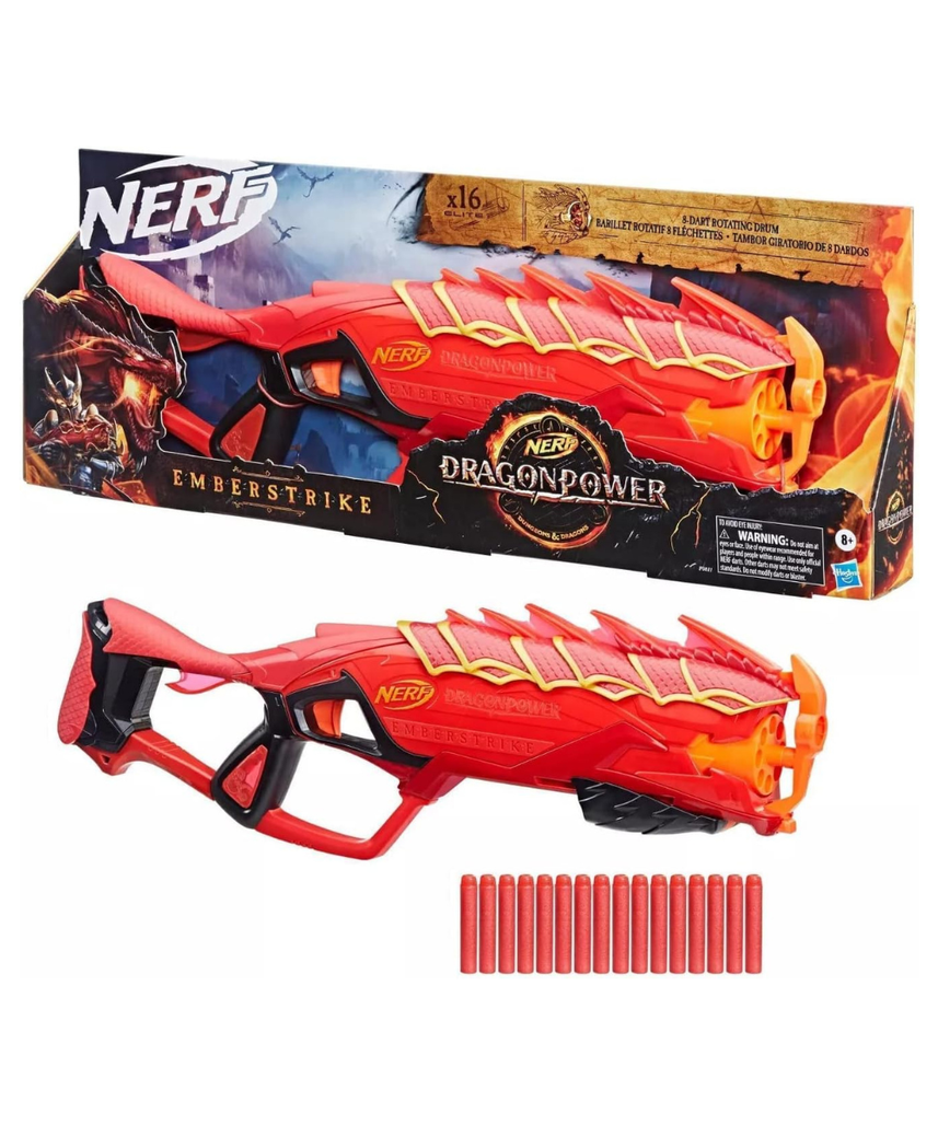 مسدس نيرف دراجون باور إمبرسترايك، مستوحى من لعبة الزنزانات والتنينات، مزود بأسطوانة دوارة بثمانية سهام، يعمل بضخ الهواء، يتضمن 16 سهم نيرف إيليت مع مخزن للسهام، مسدس لعبة للأطفال من سن 8 سنوات فما فوق