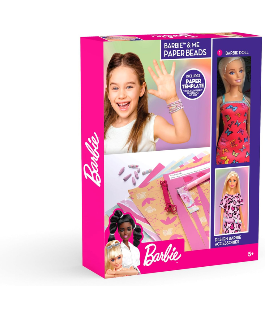 Barbie Paper Beads With Doll, Creative Paper Bead Craft Set, Includes Beads and Paper Materials, Colorful Craft Activity for Kids, No Batteries Required, Pink Design, Model BRB23-2448-SI