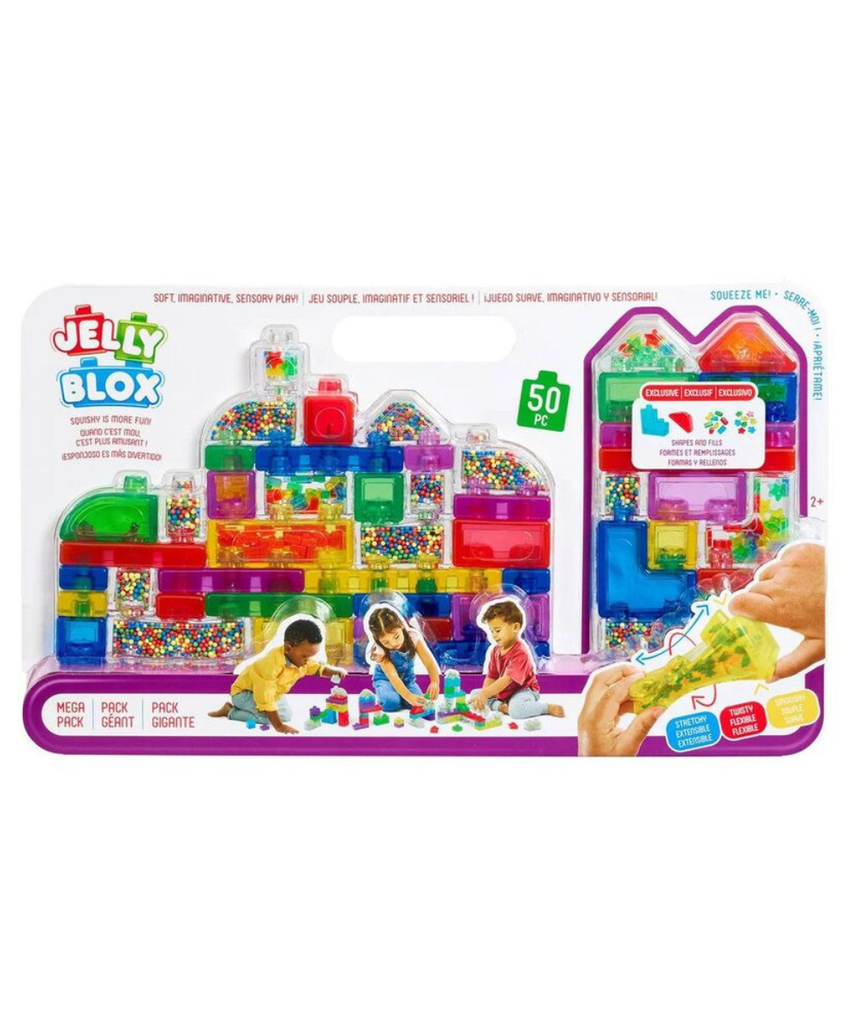 Jelly Blox Mega Pack, 50-Piece Sensory Building Blocks, Soft Squishy Toddler Toys, Creative Play for Ages 2+, Fine Motor Skills Development, Safe Non-Toxic Plastic, Multicolor, Educational Construction Set