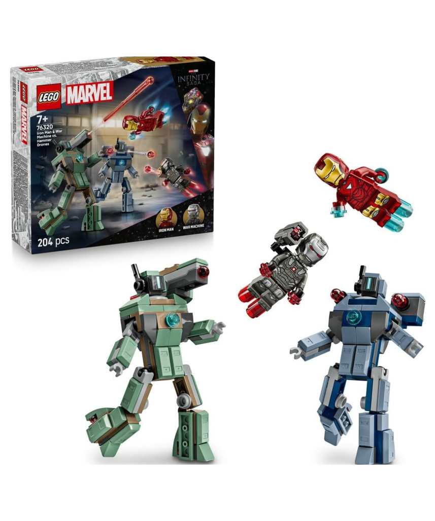 LEGO Super Heroes 76320 Iron Man & War Machine vs Hammer Drones Mech Battle Set for Kids 7+