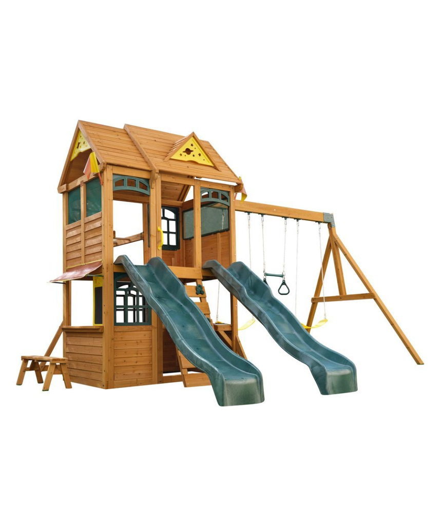 KidKraft Overland Heights Wooden Swing Set / Playset – Outdoor Clubhouse, Slides, Swings, Monkey Bars, and Play Kitchen for Kids Age 3+