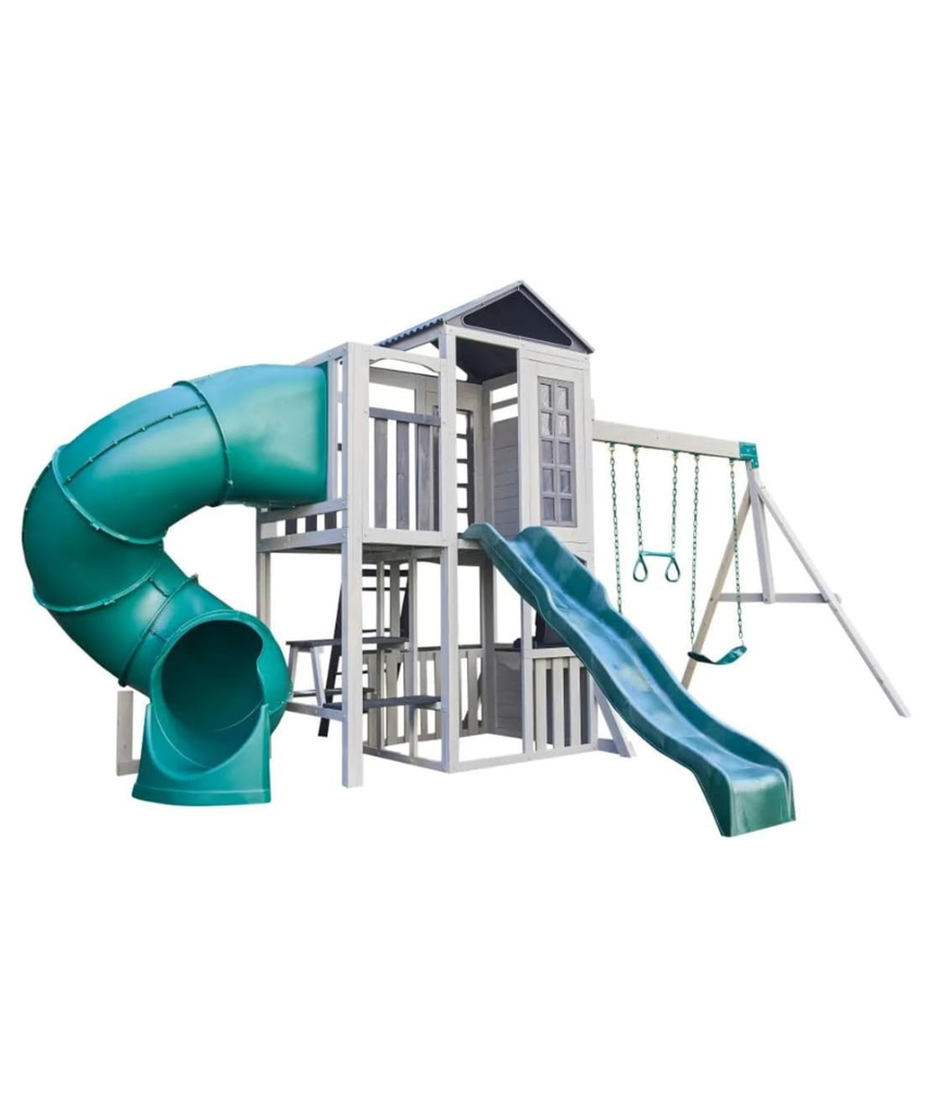 KidKraft Silver Sands Wooden Swing Set with Slides, Swings, Acrobar, Clubhouse and Picnic Table, Outdoor Playset for Kids Ages 3–10