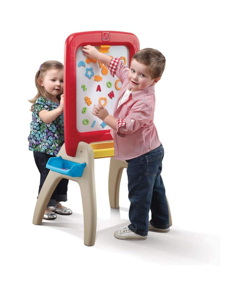Step2 All Around Easel for Two, Double-Sided Art Station for Kids Ages 3-8, Magnetic Dry Erase & Chalkboard Creative Play