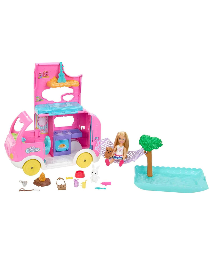Barbie Chelsea 2-in-1 Camper Playset with Chelsea Doll, 2 Pets, Transforming Camper & 15+ Camping Accessories – Outdoor Adventure Toy for Kids 3+