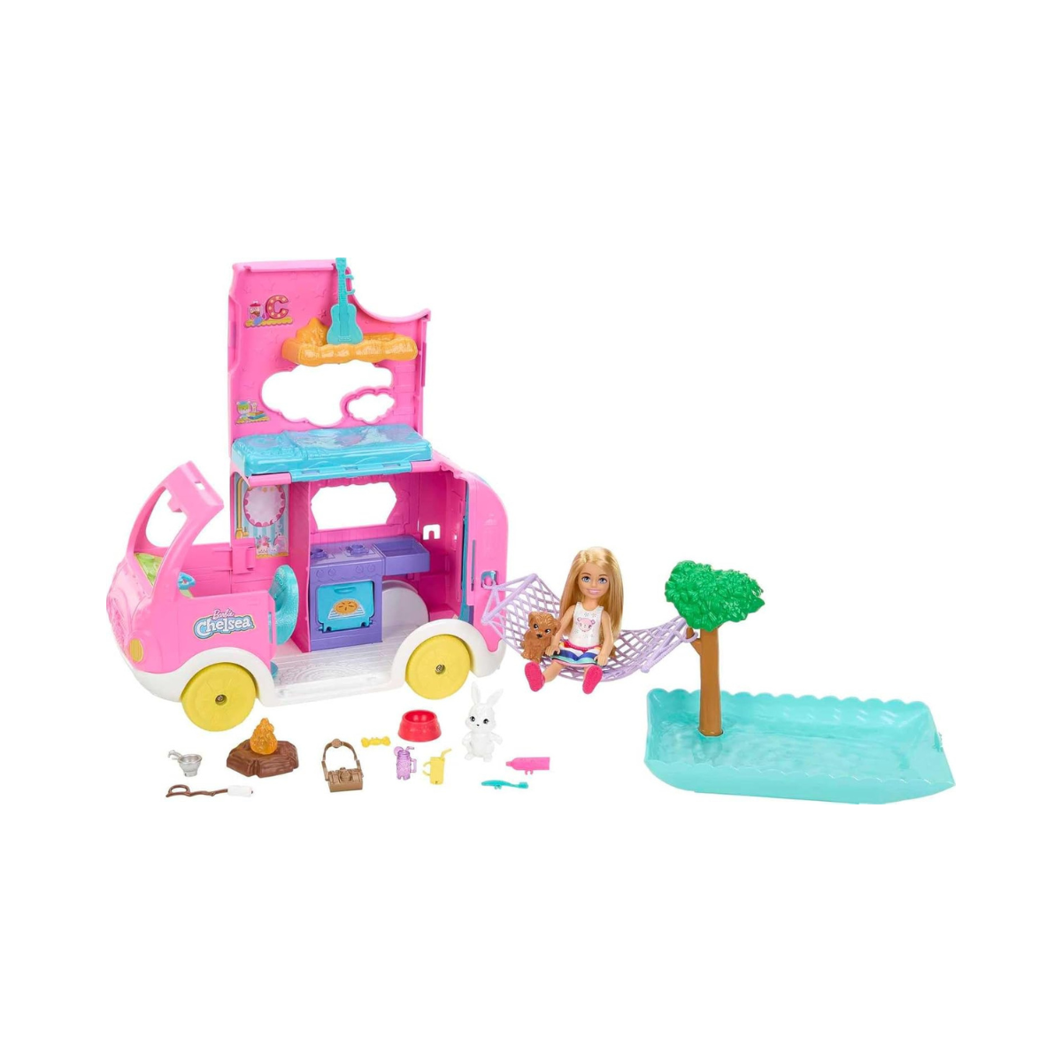 Barbie Chelsea 2-in-1 Camper Playset with Chelsea Doll, 2 Pets, Transforming Camper & 15+ Camping Accessories – Outdoor Adventure Toy for Kids 3+