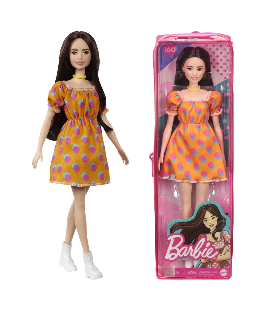 Barbie Fashionistas Doll 160 Long Brunette Hair Orange Patterned Dress White Shoes Yellow Choker GRB52 Multicolour Toy for Kids 3 to 8 Years