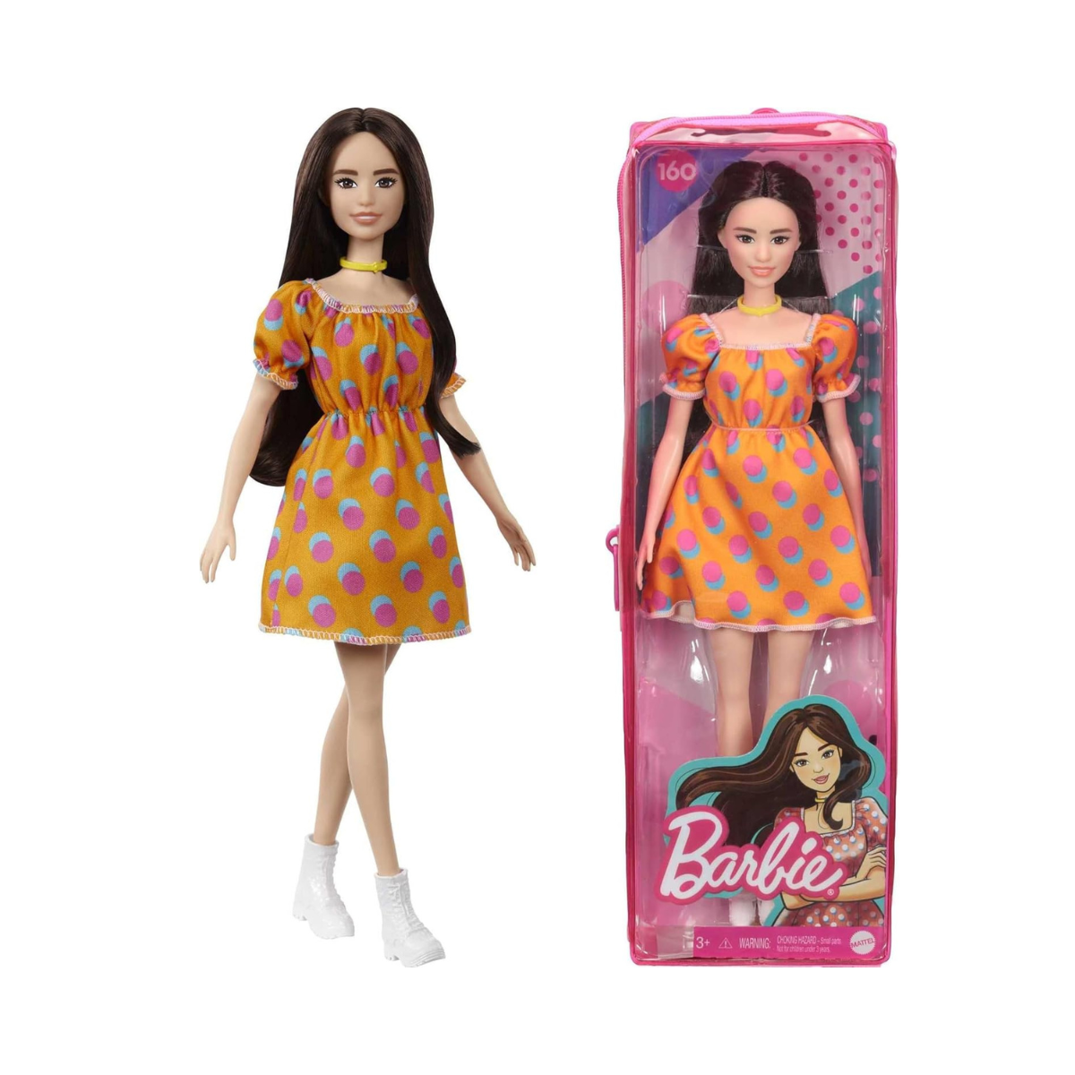Barbie Fashionistas Doll 160 Long Brunette Hair Orange Patterned Dress White Shoes Yellow Choker GRB52 Multicolour Toy for Kids 3 to 8 Years