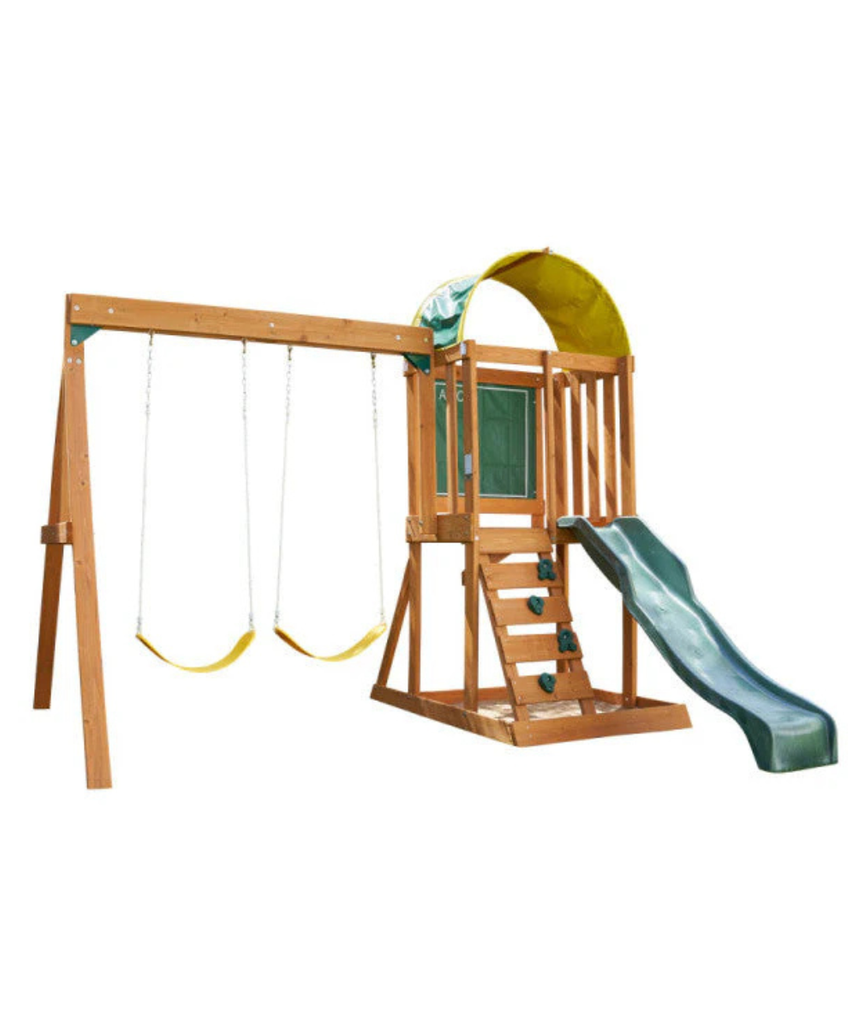 KidKraft Ainsley Outdoor Swing Set / Playset with High-Rail Wave Slide, Rock Wall, Upper-Level Clubhouse and Belt Swings, Multicolor Wooden Backyard Playset for Kids Ages 3 to 10