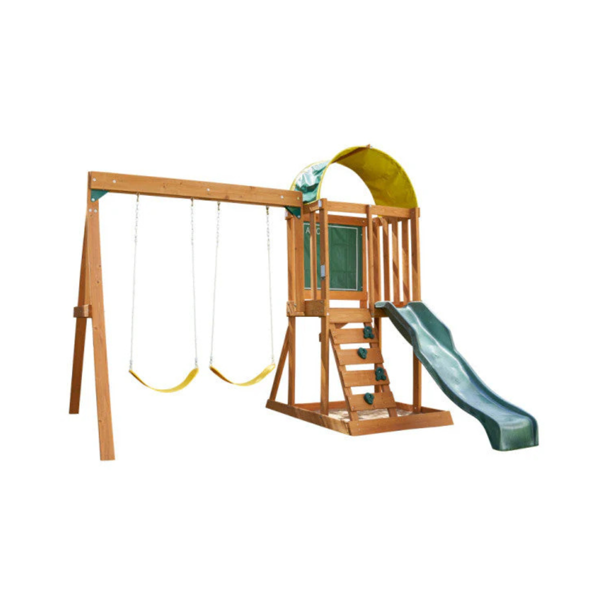 KidKraft Ainsley Outdoor Swing Set / Playset with High-Rail Wave Slide, Rock Wall, Upper-Level Clubhouse and Belt Swings, Multicolor Wooden Backyard Playset for Kids Ages 3 to 10