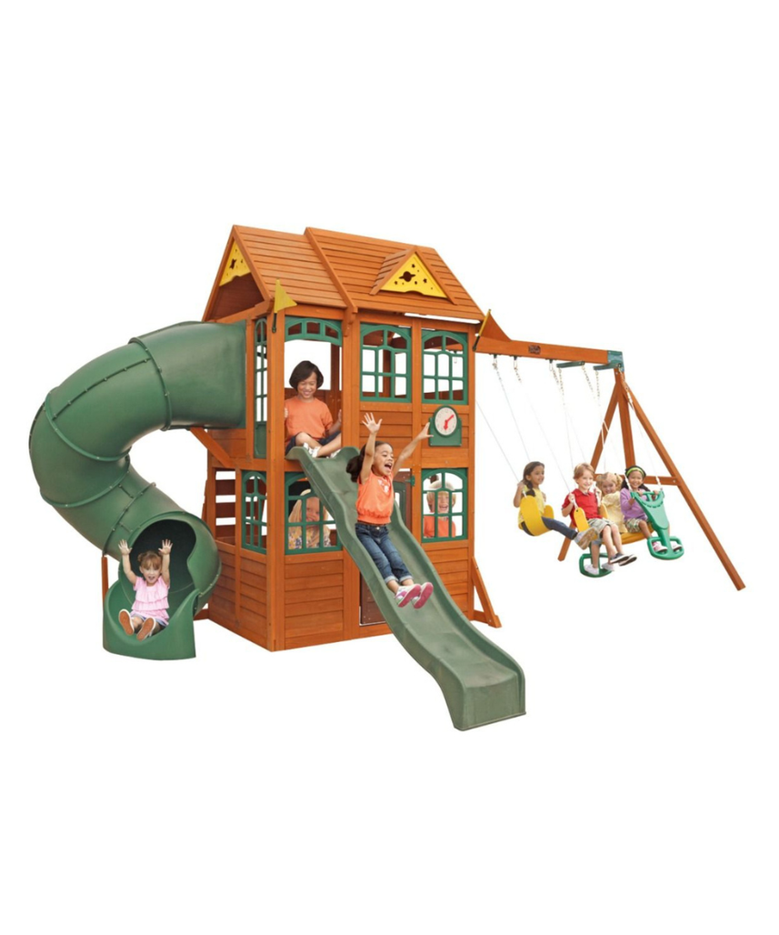 KidKraft Charleston Lodge Wooden Swing Set / Playset – Outdoor Playhouse with Slides, Swings, Rock Wall and Clubhouse, Age 3-10