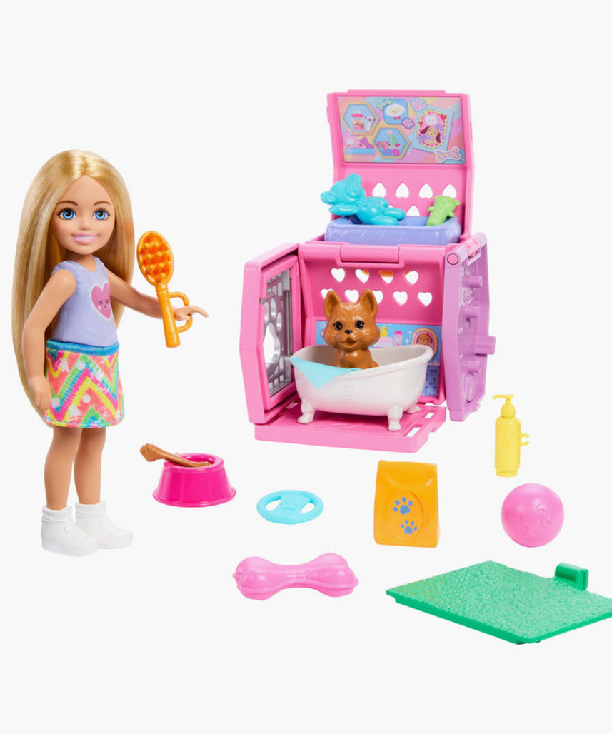 Barbie Club Chelsea Fashion Doll Playset with Puppy, Transforming Carrier, Grooming Accessories & Removable Skirt, Role-Play Toy for Kids 3+