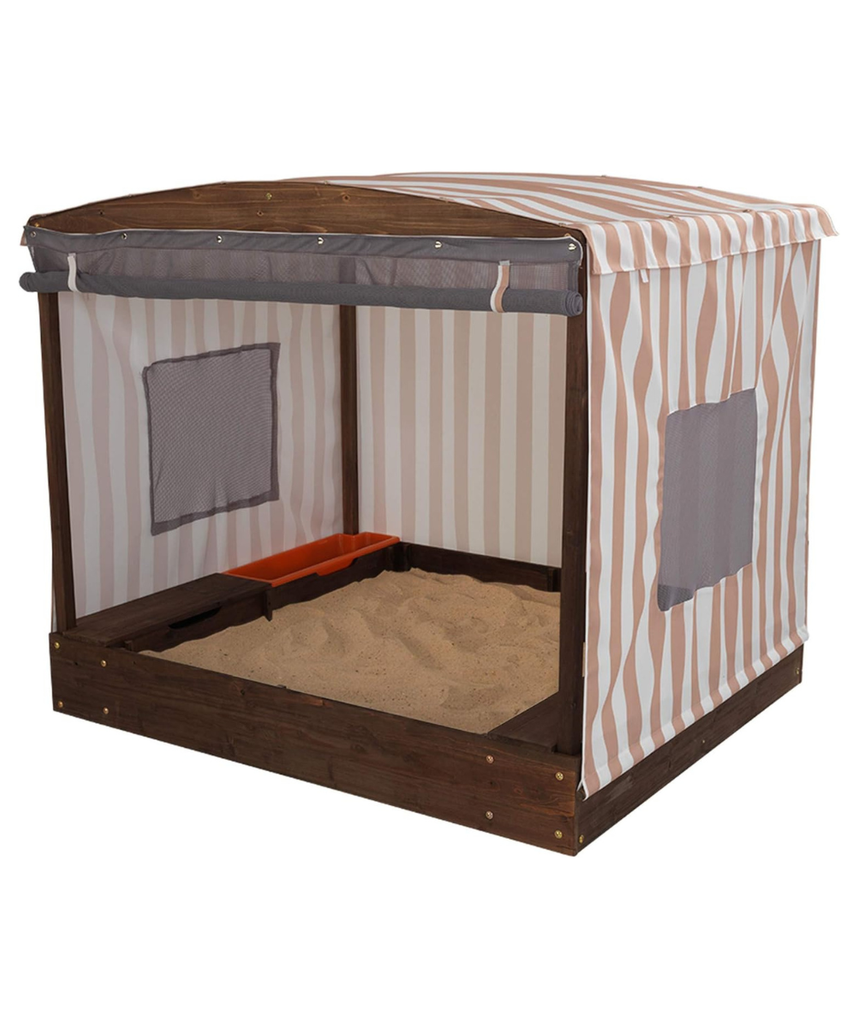 KidKraft 504 Cabana Sandbox, Wooden Outdoor Sandpit Playset, Mesh Canopy Cover, Storage Bins, Weather Resistant Wood, Backyard Sandbox for Kids Ages 2 to 8
