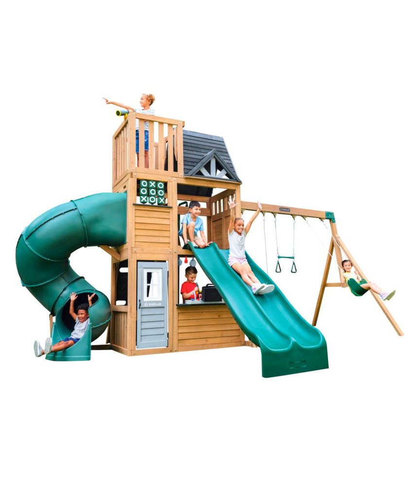 KidKraft Summit View Wooden Swing Set / Playset – Deluxe Outdoor Clubhouse with Slides, Swings, Fireman’s Pole, and Kitchen for Kids Age 3-10 Years