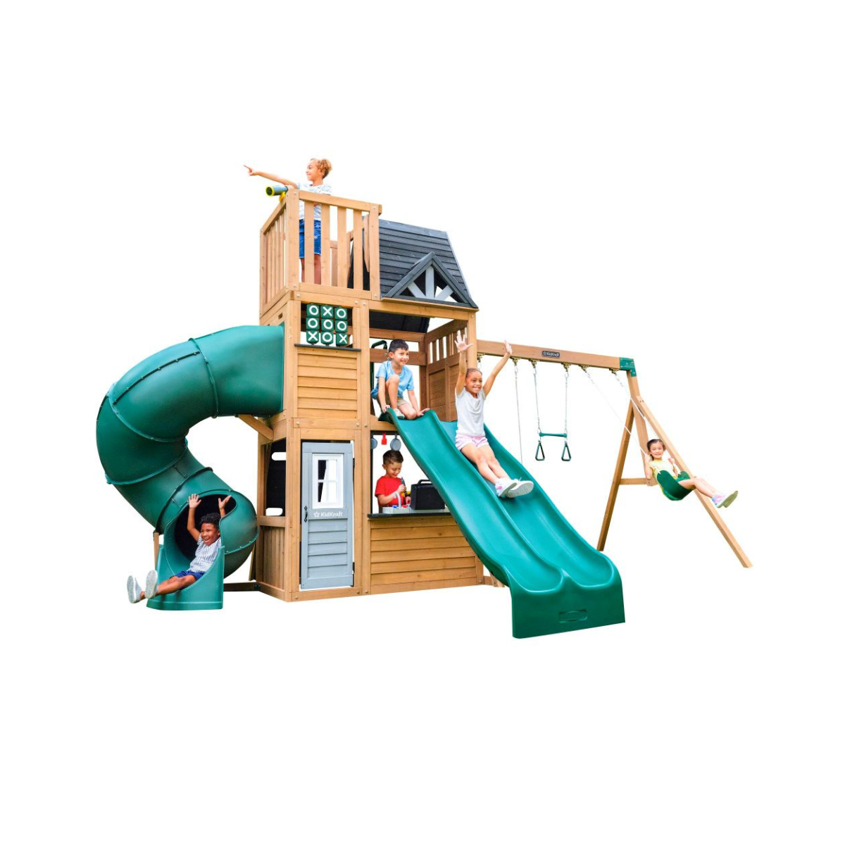 KidKraft Summit View Wooden Swing Set / Playset – Deluxe Outdoor Clubhouse with Slides, Swings, Fireman’s Pole, and Kitchen for Kids Age 3-10 Years
