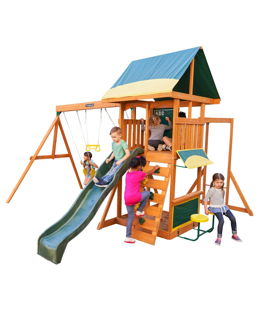 KidKraft Brightside Wooden Swing Set with High-Rail Wave Slide, Rock Wall, Upper Clubhouse, Monkey Bars, Sandbox and Belt Swings, Outdoor Backyard Playset for Kids Ages 3 to 10