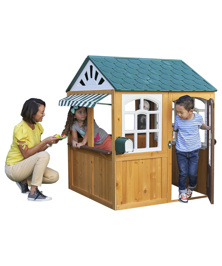 KidKraft 405 Garden View Wooden Outdoor Playhouse, Backyard Playhouse with Café Style Windows, Interactive Accessories, Ages 3 to 8, EZ Kraft Assembly, Weather Resistant Wood