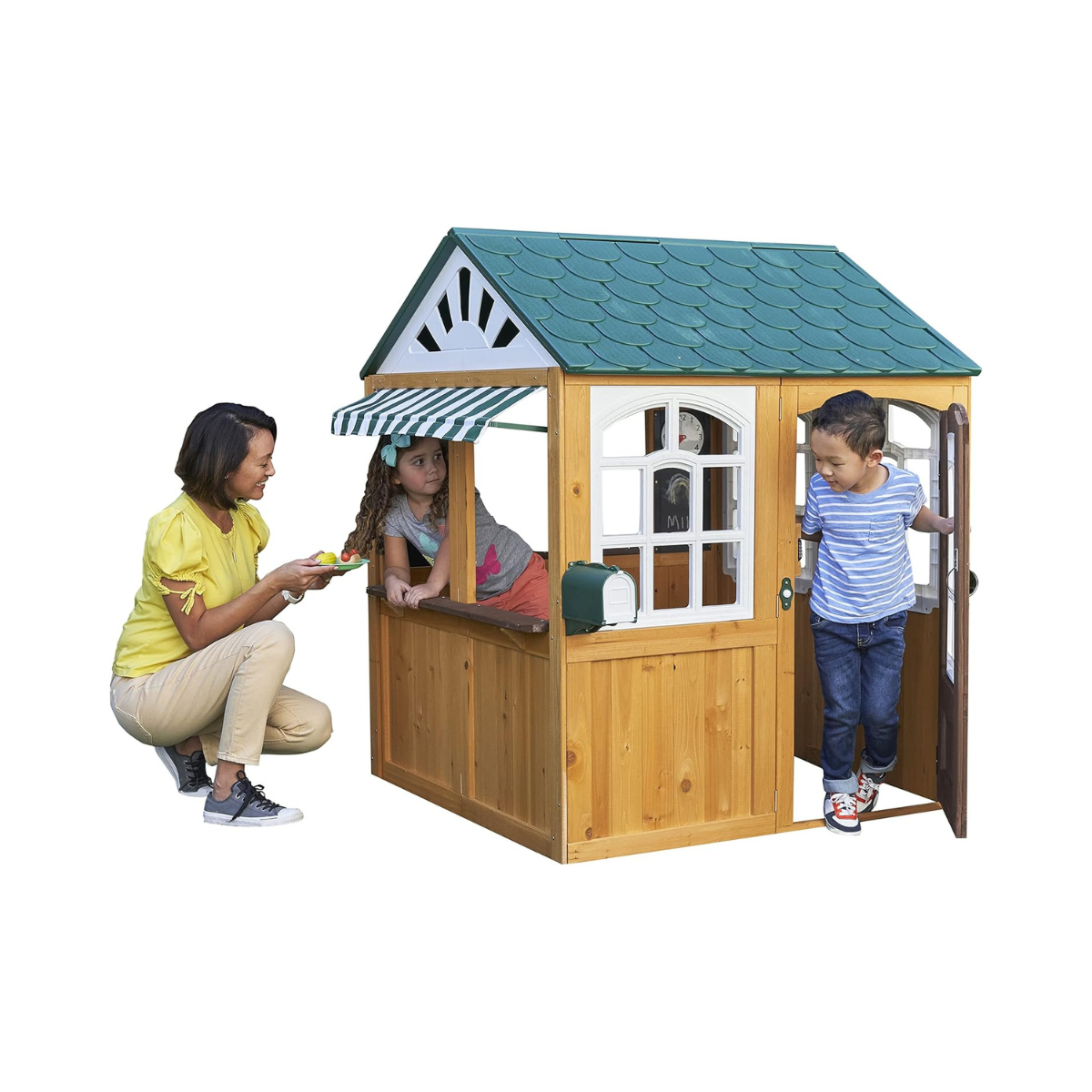 KidKraft 405 Garden View Wooden Outdoor Playhouse, Backyard Playhouse with Café Style Windows, Interactive Accessories, Ages 3 to 8, EZ Kraft Assembly, Weather Resistant Wood