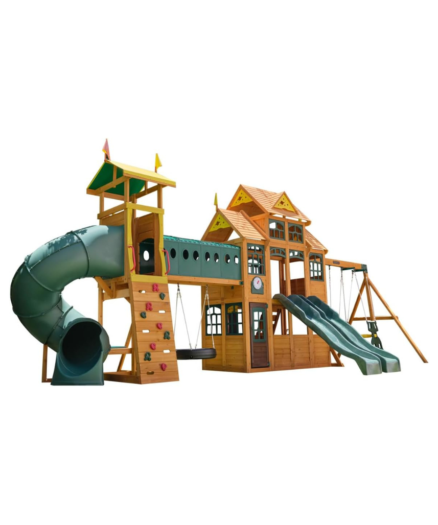 KidKraft Bear Cave Wooden Lodge Swing Set / Playset – Deluxe Outdoor Clubhouse with Slides, Swings, Glider, and Interactive Play Areas for Kids Age 3-10 Years