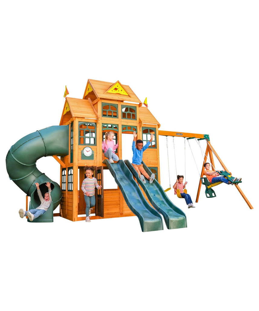 KidKraft Falcon Ridge Wooden Swing Set / Playset – Outdoor Playhouse with Slides, Swings, Rock Wall, Clubhouse, and Deluxe Kitchen for Kids Age 3-10 Years