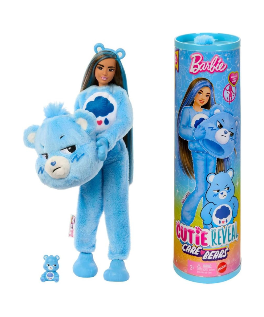 Barbie Cutie Reveal Doll & Accessories, Care Bears Series, Grumpy Bear Plush Costume with 10 Surprises, Color Change & Mini Bear, Fashion Doll for Kids 3+