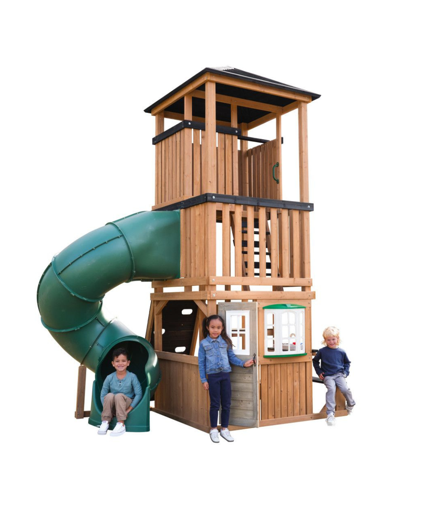 KidKraft Panorama Tower Outdoor Playhouse, 3-Story Wooden Playhouse with Rock Wall, Tunnel Slide, Kitchen and Crow’s Nest