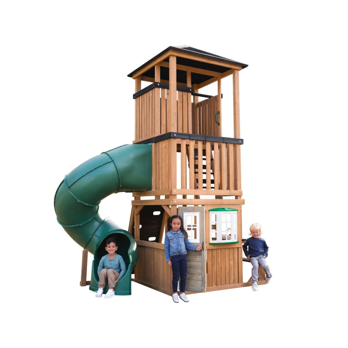 KidKraft Panorama Tower Outdoor Playhouse, 3-Story Wooden Playhouse with Rock Wall, Tunnel Slide, Kitchen and Crow’s Nest