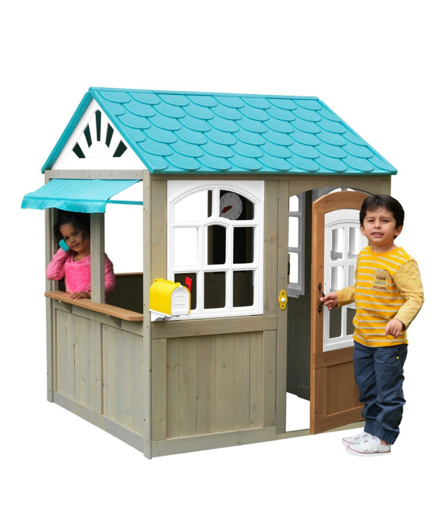 KidKraft Oceanfront Outdoor Playhouse, Cedar Wood Beach Café Style, Grande Size, Playhouse for Kids Ages 3 to 10, EZ Kraft Assembly, Interactive Windows, Bell and Mailbox