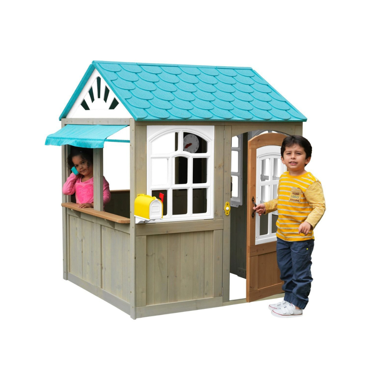 KidKraft Oceanfront Outdoor Playhouse, Cedar Wood Beach Café Style, Grande Size, Playhouse for Kids Ages 3 to 10, EZ Kraft Assembly, Interactive Windows, Bell and Mailbox