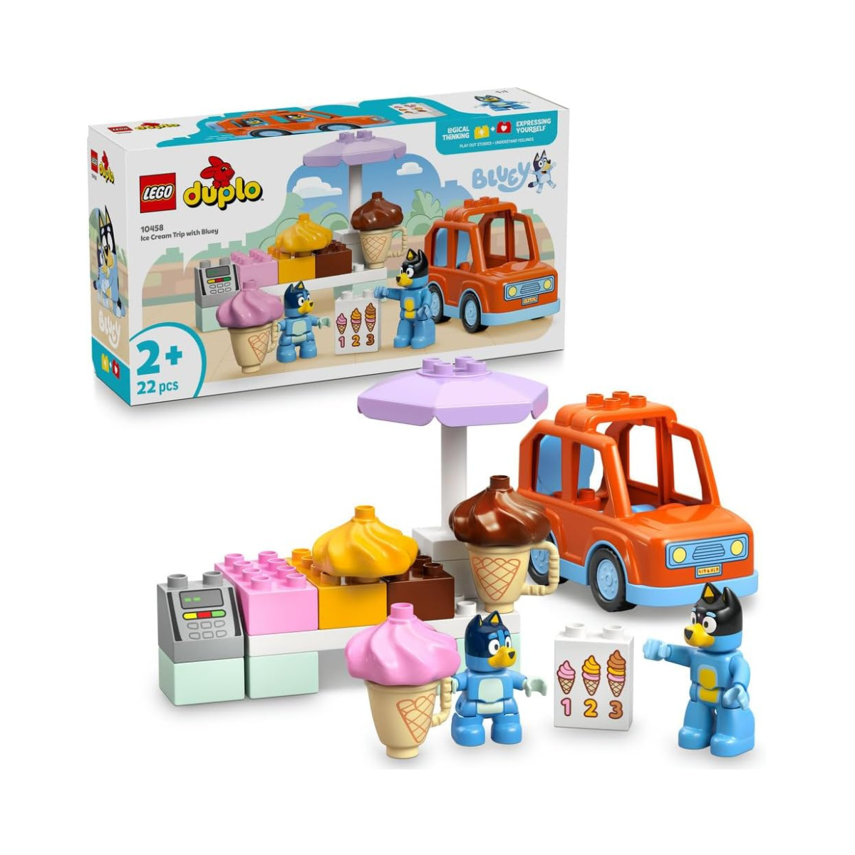 LEGO DUPLO Bluey Ice Cream Trip Toddler Toy with Vehicle Ice Cream Stand and 2 Figures including Bandit Gift for 2+ Year Old Girls and Boys 10458