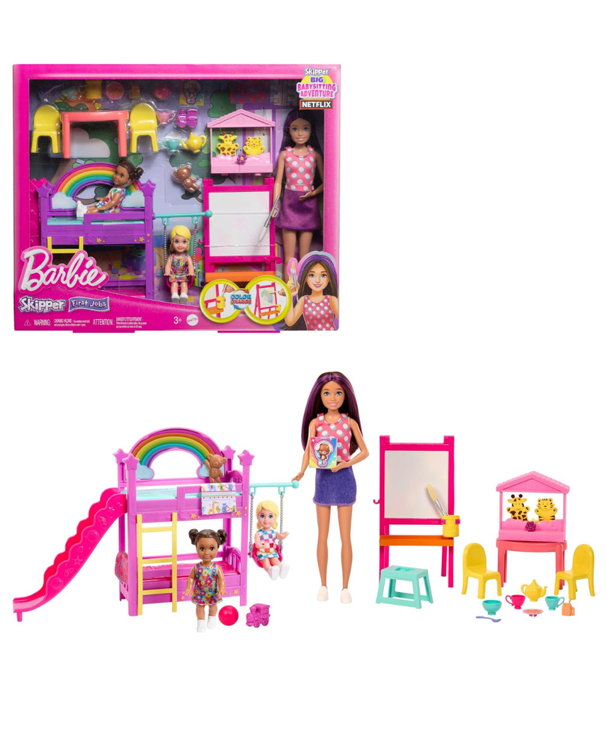 Barbie Skipper Babysitters Inc. Ultimate Daycare Playset with 3 Dolls, Bunk Beds, Color-Change Easel & 15+ Accessories (HND18) – Kids 3+