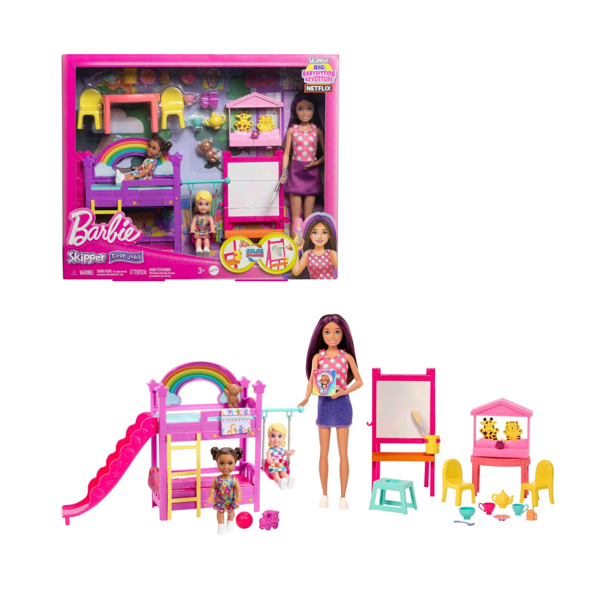 Barbie Skipper Babysitters Inc. Ultimate Daycare Playset with 3 Dolls, Bunk Beds, Color-Change Easel & 15+ Accessories (HND18) – Kids 3+