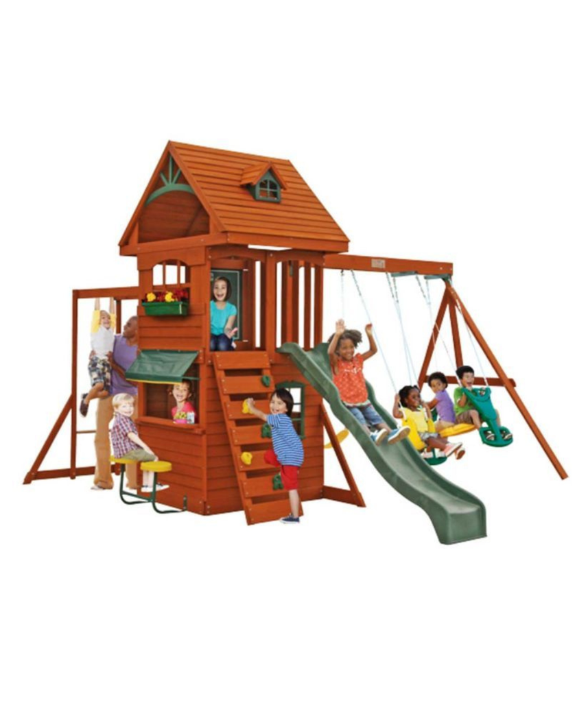KidKraft Ridgeview Deluxe Clubhouse Wooden Swing Set/Playset with High-Rail Wave Slide, Rock Wall, Monkey Bars, Glider and Café Area, Outdoor Backyard Playset for Kids Ages 3 to 10