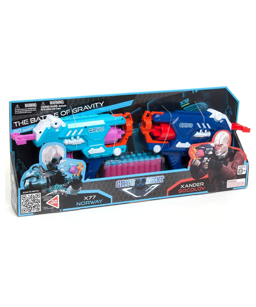 Cryo Agent Battle of Gravity Bullet Gun, Double Barrel Blaster with 6 Dart Rotating Drum and Pullback Prime Loading, High Performance Toy Gun for Kids 8+