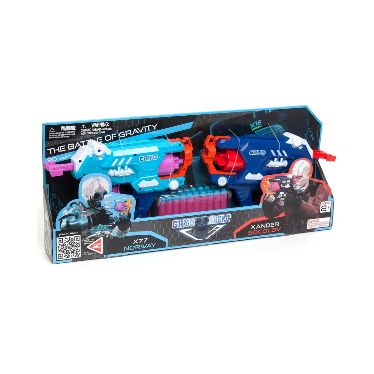 Cryo Agent Battle of Gravity Bullet Gun, Double Barrel Blaster with 6 Dart Rotating Drum and Pullback Prime Loading, High Performance Toy Gun for Kids 8+