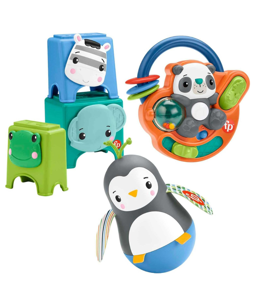 Fisher Price Hello Hands Play Kit HFJ93 Curated Infant Activity Toy Set 3 Toys Panda Penguin Animal Stackers Multi Colour for 6 Months and Up