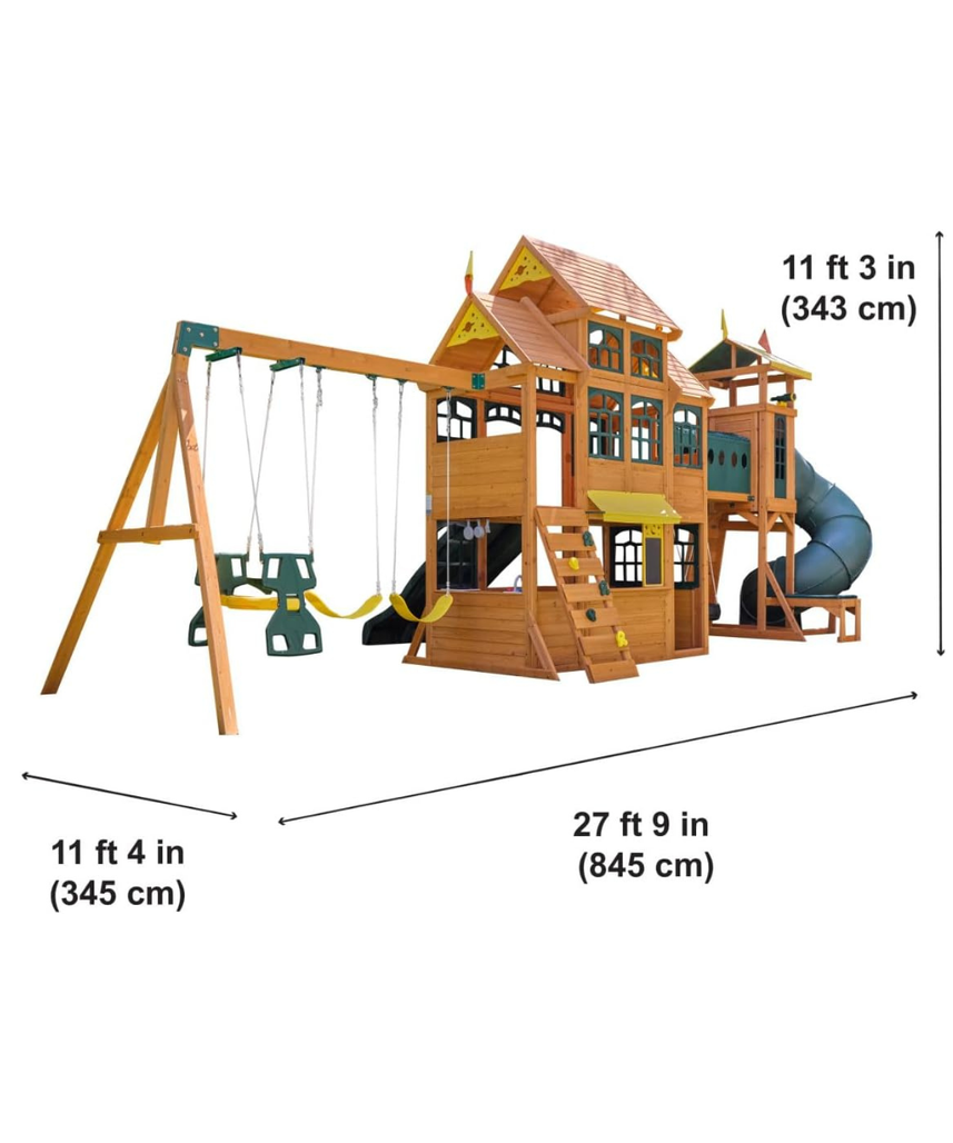 KidKraft Bear Cave Wooden Lodge Swing Set / Playset – Deluxe Outdoor Clubhouse with Slides, Swings, Glider, and Interactive Play Areas for Kids Age 3-10 Years
