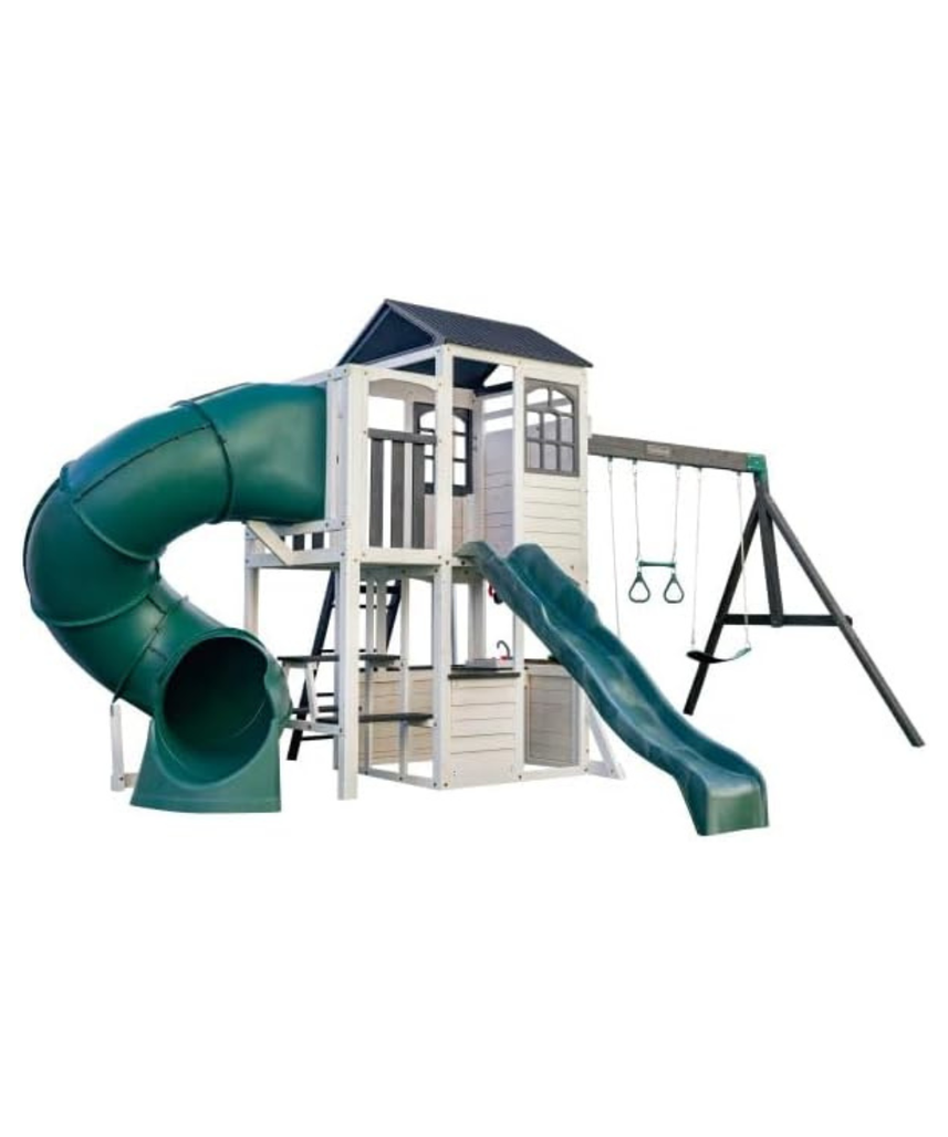 KidKraft Wrangler Way Swing Set / Two-Story Clubhouse Playset with Slides, Swings, Acrobar and Play Kitchen, Wooden Outdoor Swing Set for Kids Ages 3 to 10