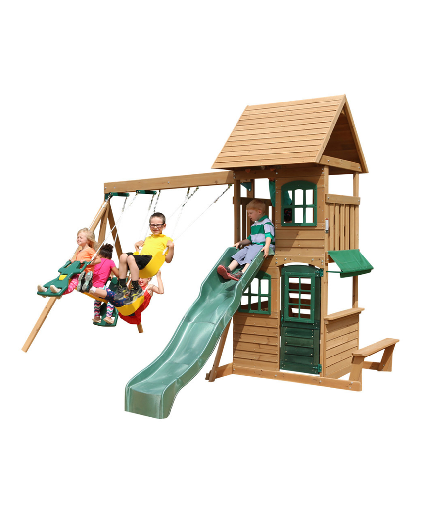 KidKraft Windale Fort Wooden Outdoor Swing Set, Playset with Clubhouse, Swings, High-Rail Wave Slide, Glider, Shaded Café Table and Bench, Multi-Level Backyard Play for Kids Ages 3 to 10