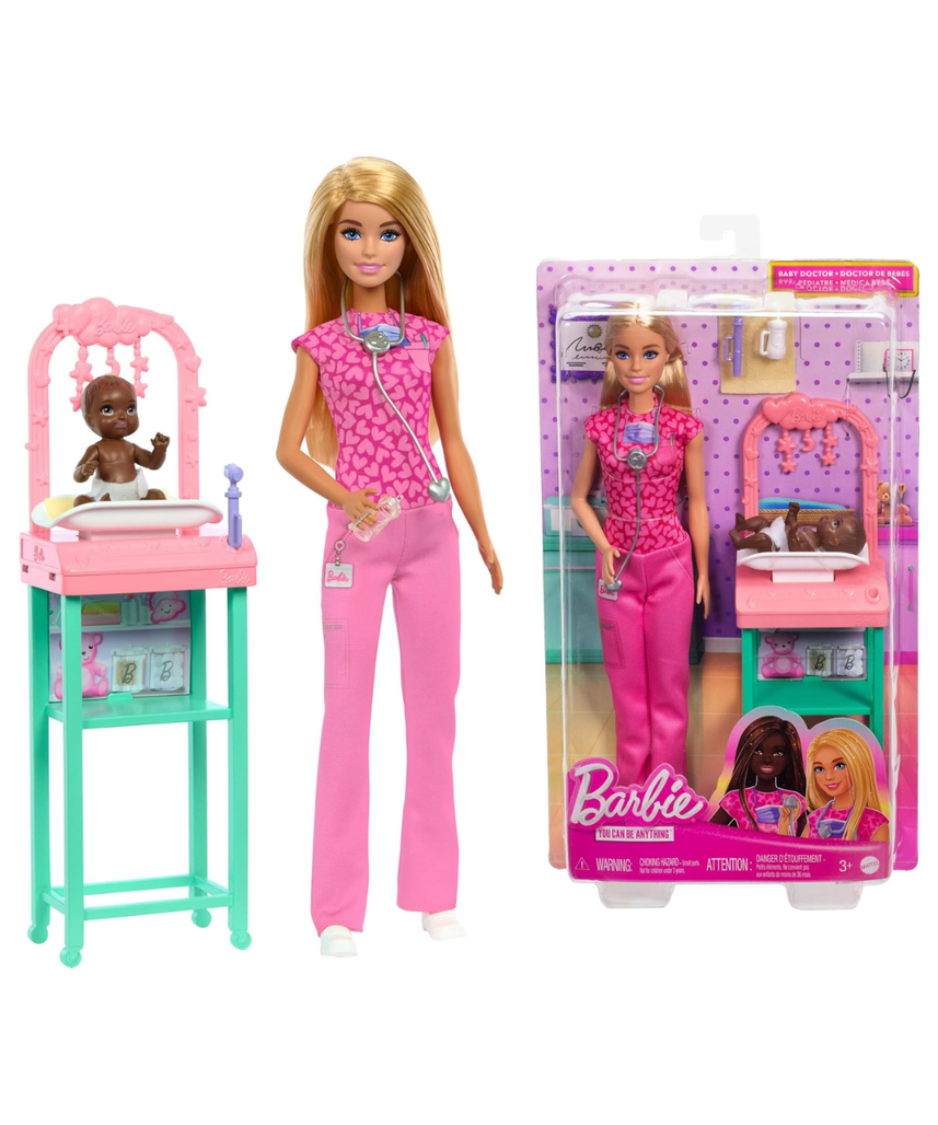 Barbie Baby Doctor Doll Playset with Baby Patient, Pink Scrubs, Exam Table, Medical Accessories & Furniture, Career Role-Play Toy for Kids 3+