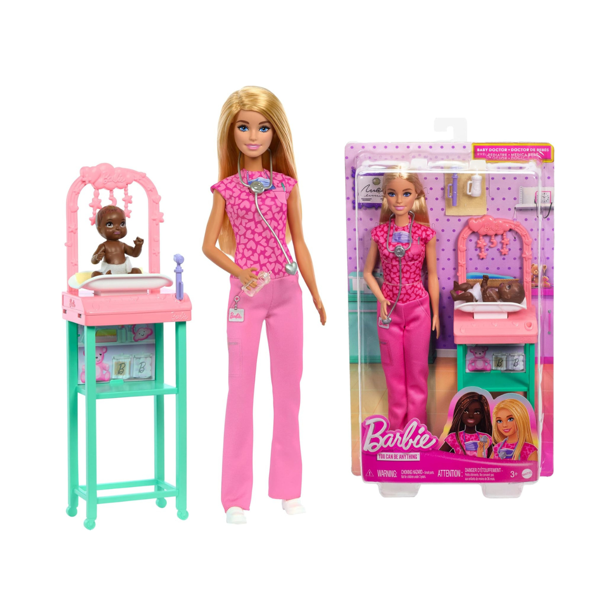 Barbie Baby Doctor Doll Playset with Baby Patient, Pink Scrubs, Exam Table, Medical Accessories & Furniture, Career Role-Play Toy for Kids 3+