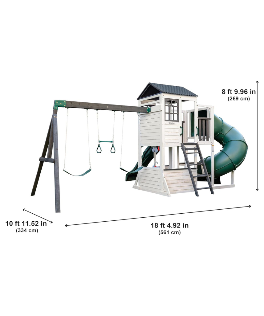 KidKraft Wrangler Way Swing Set / Two-Story Clubhouse Playset with Slides, Swings, Acrobar and Play Kitchen, Wooden Outdoor Swing Set for Kids Ages 3 to 10