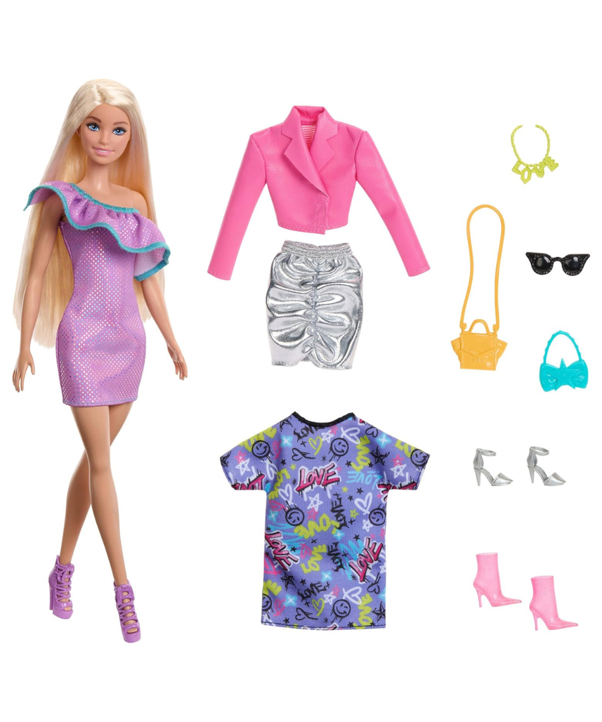 Barbie Doll with Blond Hair, 3 Party-Themed Mix-and-Match Outfits, Clothes, Purses, Heels & Accessories, Fashion Playset for Kids 3+