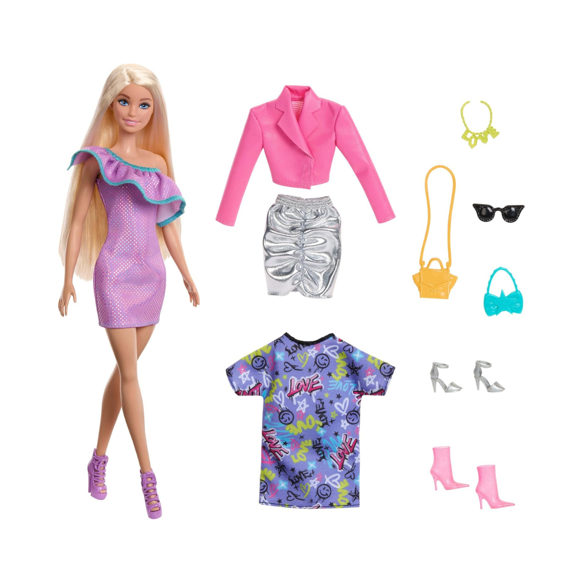 Barbie Doll with Blond Hair, 3 Party-Themed Mix-and-Match Outfits, Clothes, Purses, Heels & Accessories, Fashion Playset for Kids 3+