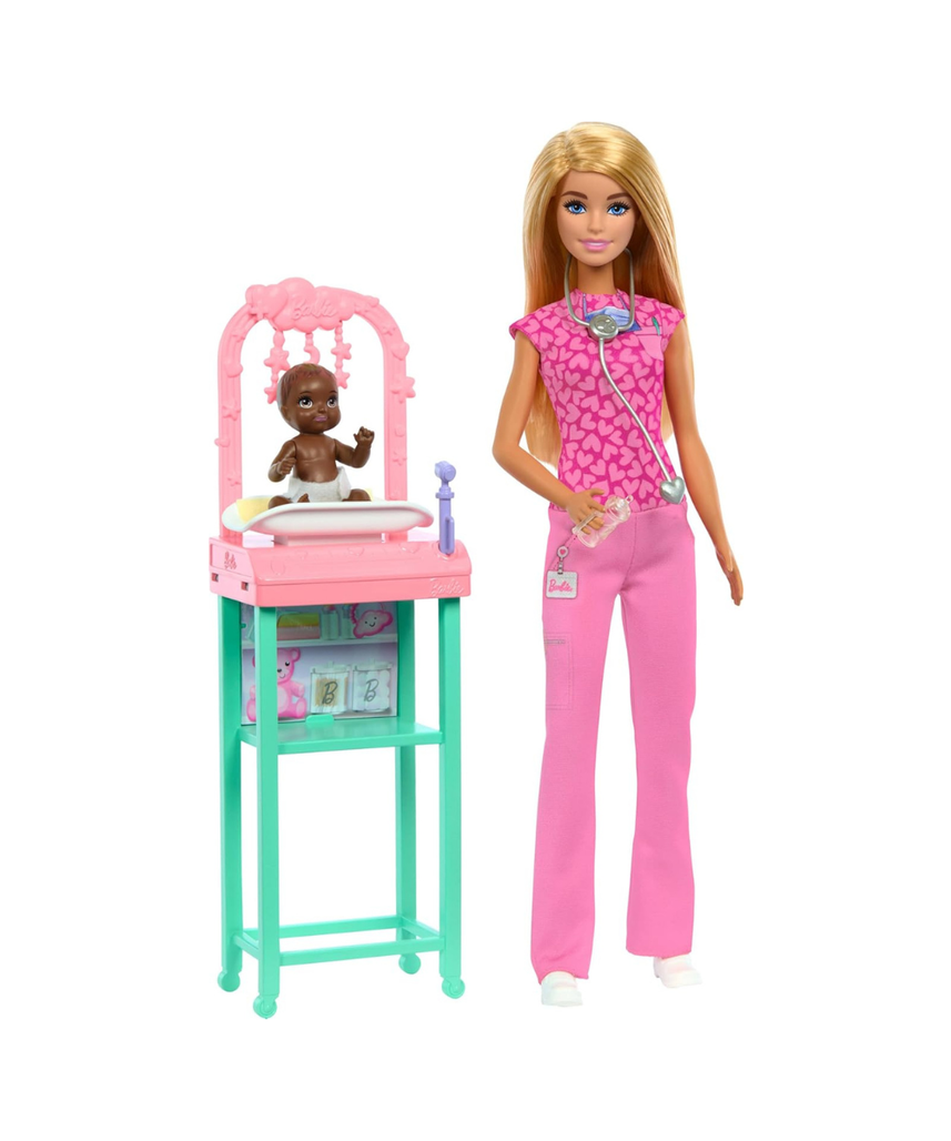 Barbie Baby Doctor Doll Playset with Baby Patient, Pink Scrubs, Exam Table, Medical Accessories & Furniture, Career Role-Play Toy for Kids 3+