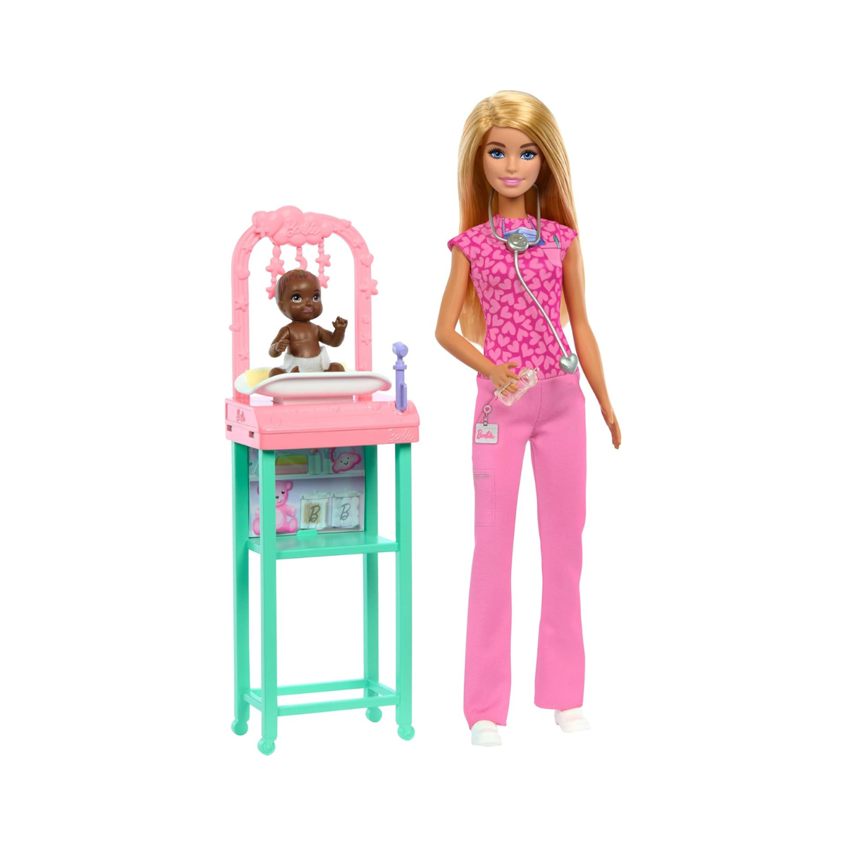 Barbie Baby Doctor Doll Playset with Baby Patient, Pink Scrubs, Exam Table, Medical Accessories & Furniture, Career Role-Play Toy for Kids 3+