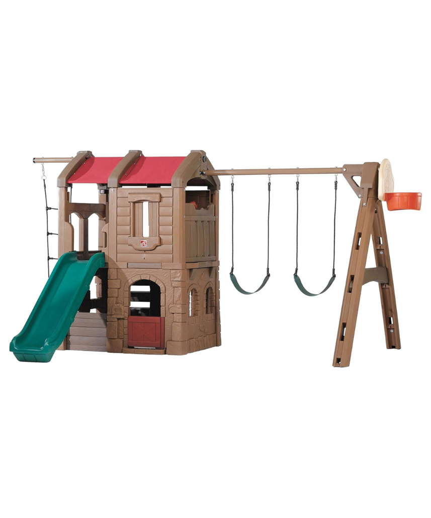 Step2 Adventure Lodge Play Center Climber and Slide, Two Story Clubhouse with Swings and Rope Ladder, Outdoor Playset for Kids 3+