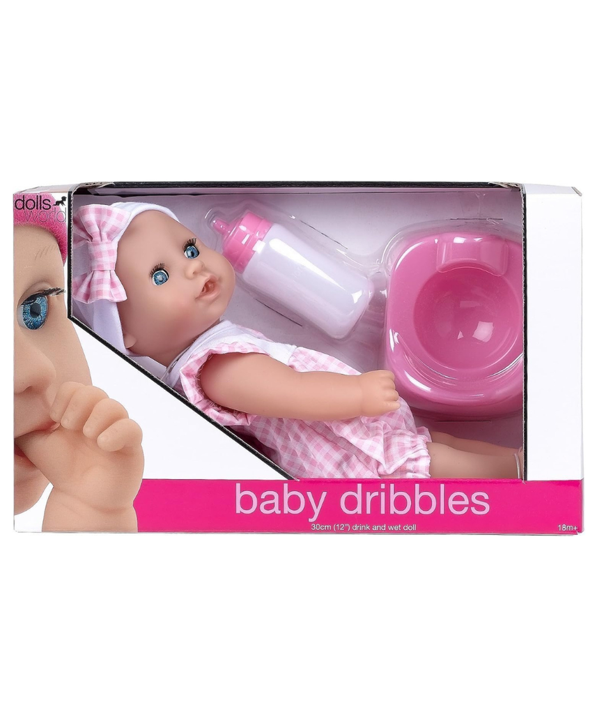 Peterkin Baby Dribbles Doll 30cm 12 Inch Drink and Wet Doll with Outfit Hat Potty and Bottle Pink Toy for Toddlers 18 Months and Up