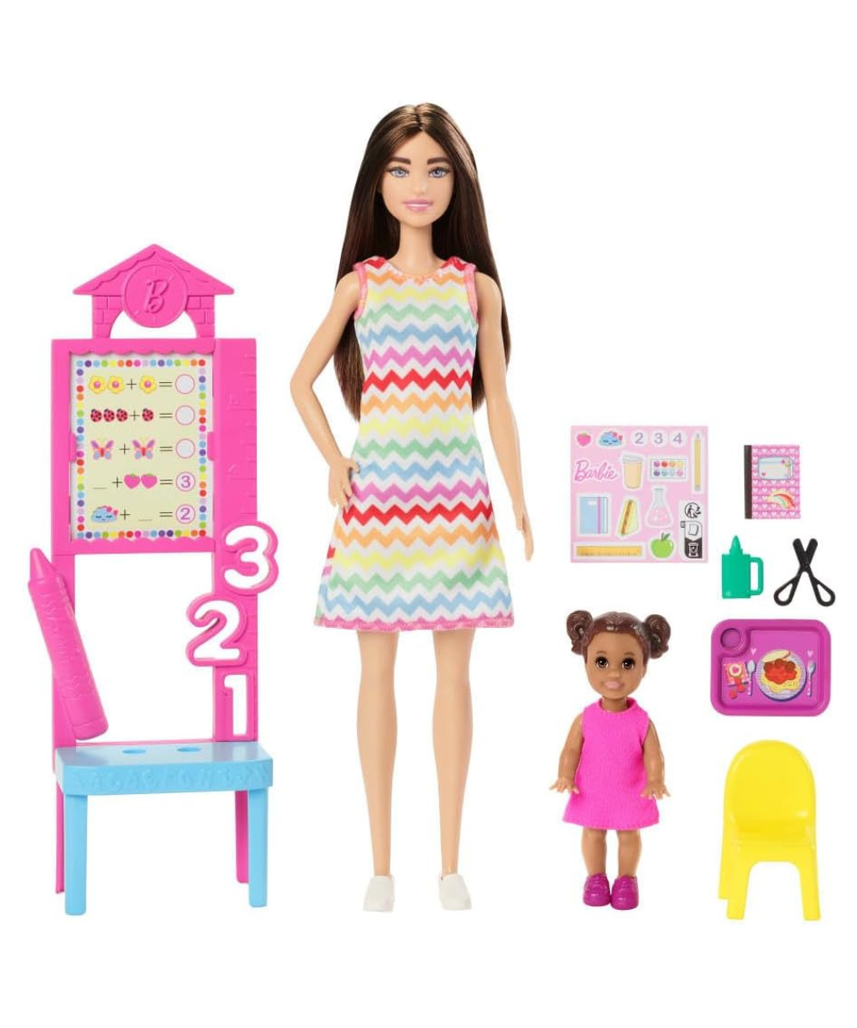 Barbie Teacher Doll with Brunette Fashion, 1 Toddler, & Classroom Accessories, Career Playset for Kids 3+