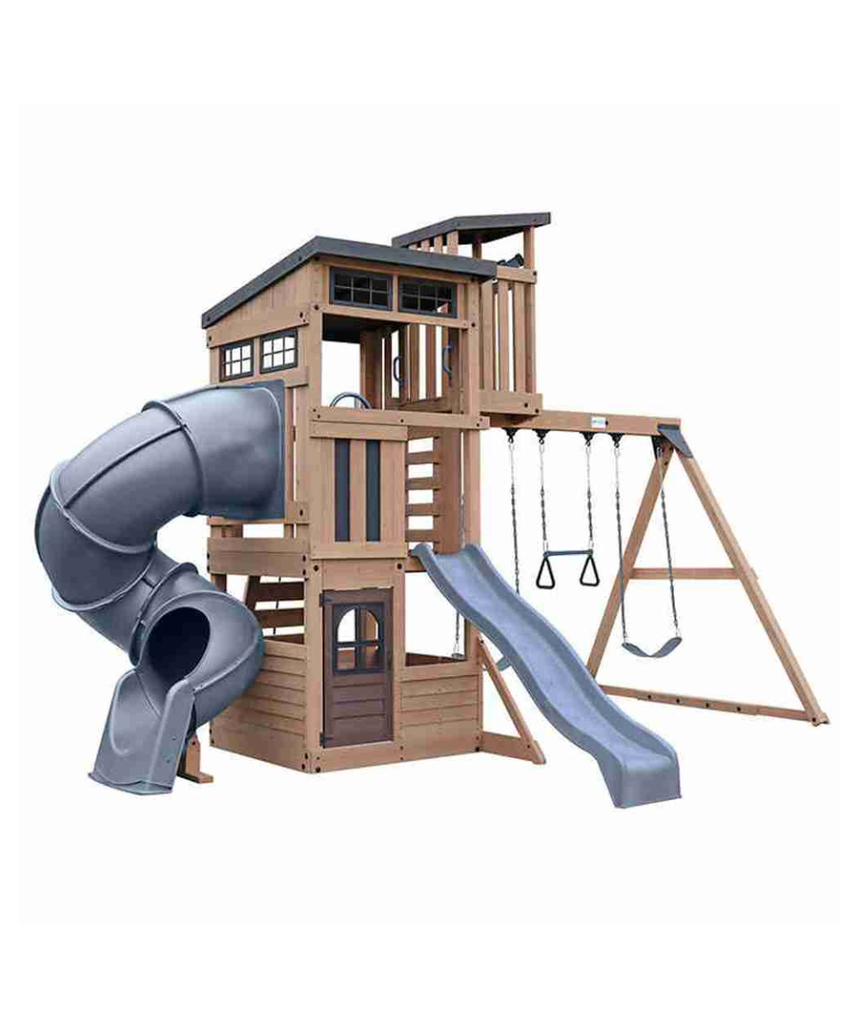 Gorilla Skyline Lookout Wooden Swing Set with Dual Slides, Climbing Wall, Fort, Swings and Trapeze, Outdoor Playset for Kids Ages 3 to 11